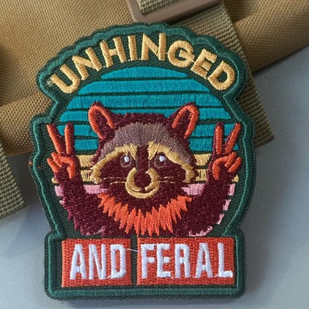 Unhinged and Feral Patch with Raccoon Design, VELCRO PATCH